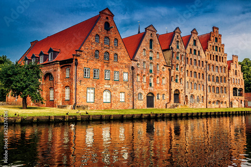 The Salzspeicher (salt storehouses), six historic brick buildings on the Upper Trave River in Luebeck, Schleswig-Holstein, northern Germany.