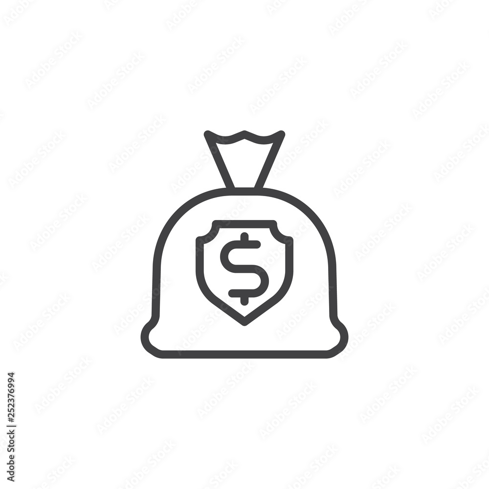 Money bag protection line icon. linear style sign for mobile concept and web design. Dollar money bag with shield outline vector icon. Cash savings symbol, logo illustration. Pixel perfect vector Money bag protection line icon. linear style sign for mobile concept and web design. Dollar money bag with shield outline vector icon. Cash savings symbol, logo illustration. Pixel perfect vector