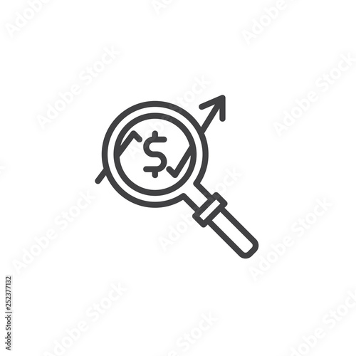 Magnifying glass with rising money chart line icon. linear style sign for mobile concept and web design. Dollar increase revenue outline vector icon. Business analysis symbol, logo illustration