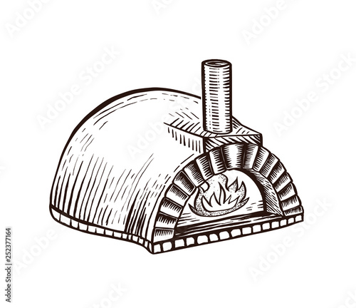 Italian Pizza Fireplace. A traditional Neapolitan oven for cooking and baking pizza. Hand drawn design element. Vintage engraving illustration for logotype, poster, web.