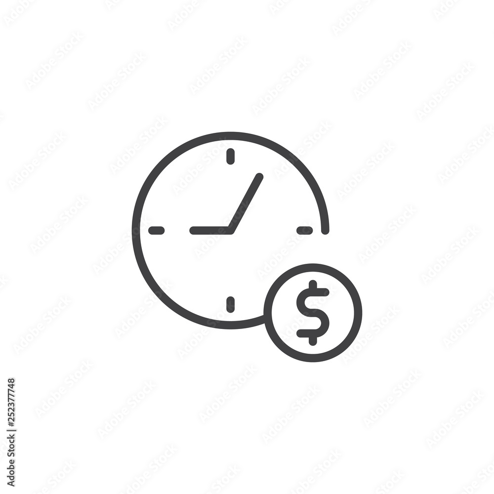 Time is Money line icon. linear style sign for mobile concept and web design. Dollar money and clock outline vector icon. Symbol, logo illustration. Pixel perfect vector graphics Time is Money line icon. linear style sign for mobile concept and web design. Dollar money and clock outline vector icon. Symbol, logo illustration. Pixel perfect vector graphics
