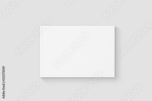 Blank white hardcover brochure, book or catalog mock up isolated on soft gray background. 3D illustration
