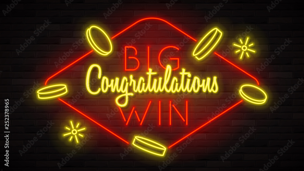 Obraz premium Shining neon sign big win. Color card design with 3d glowing neon letters. Vector illustration with realistic light banner.