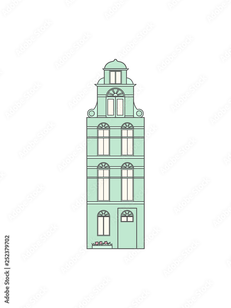 Old historic Netherlandish house on a white background. Perfect for postcards, t-shirts, posters and children's textiles. Monochrome gamma