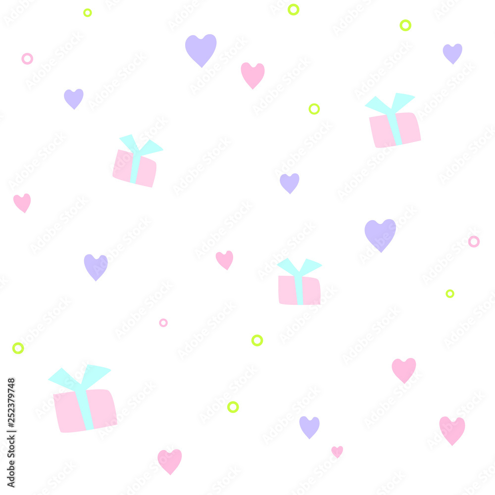 Seamless pattern with hearts and gifts in pastel colors. Great for wallpaper and gift wrapping, textiles, fabrics. Also can be used as a background for different types of design Seamless pattern with hearts and gifts in pastel colors. Great for wallpaper and gift wrapping, textiles, fabrics. Also can be used as a background for different types of design