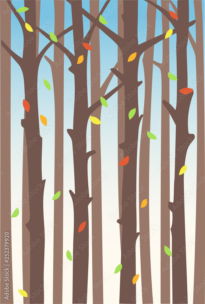 Falling foliage against the background of tree trunks. Vector backdrop