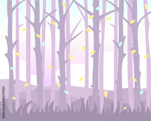 Magical background with falling leaves among the trunk of trees. Pastel shades.