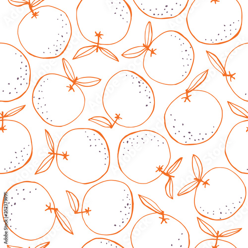 Whimsical hand-drawn doodle oranges vector seamless pattern background. Line Art Summer Fruits