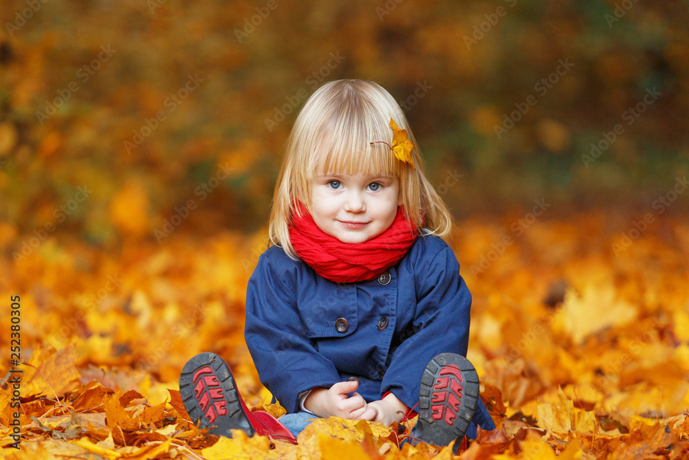 Little autumn funny girl sitting in autumn park. Selective focus, copy space. Little autumn funny girl sitting in autumn park. Selective focus, copy space.