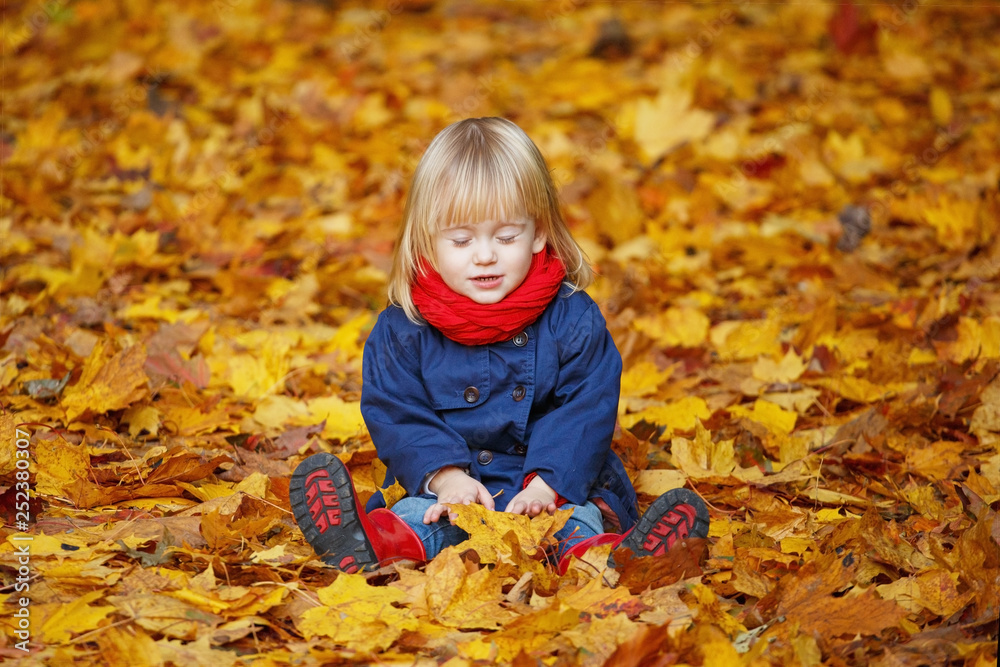 Little autumn funny girl sitting in autumn park. Selective focus, copy space. Little autumn funny girl sitting in autumn park. Selective focus, copy space.