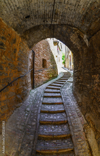 Spello  Perugia   the awesome medieval town in Umbria region  central Italy  during the floral competition after the famous Spello s intfiorate.