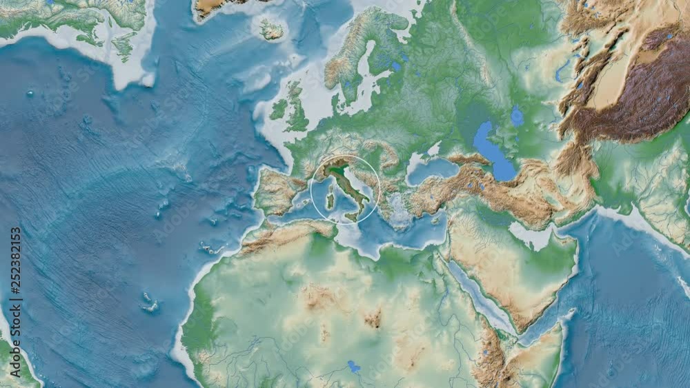 Italy area presented against the global physical map in the Kavrayskiy VII projection with animated oblique transformation Italy area presented against the global physical map in the Kavrayskiy VII projection with animated oblique transformation