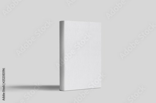 Closed book with blank white cover. Mock-up magazine or brochure isolated on soft gray background.3d render.