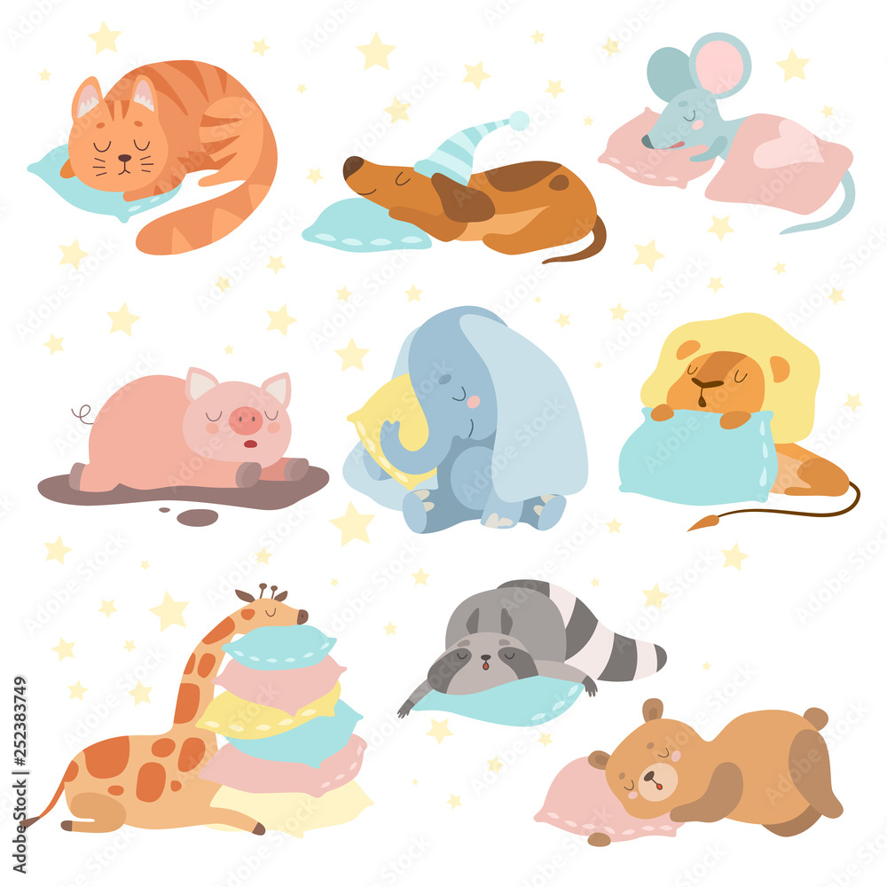 Cute Animals Sleeping Set, Cat, Dog, Mouse, Pig, Elephant, Lion, Giraffe, Raccoon, Bear Lying on Pillows Vector Illustration