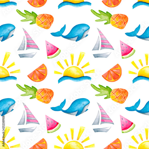 watercolor summer fruit sweets illustration. seamless pattern on a white background