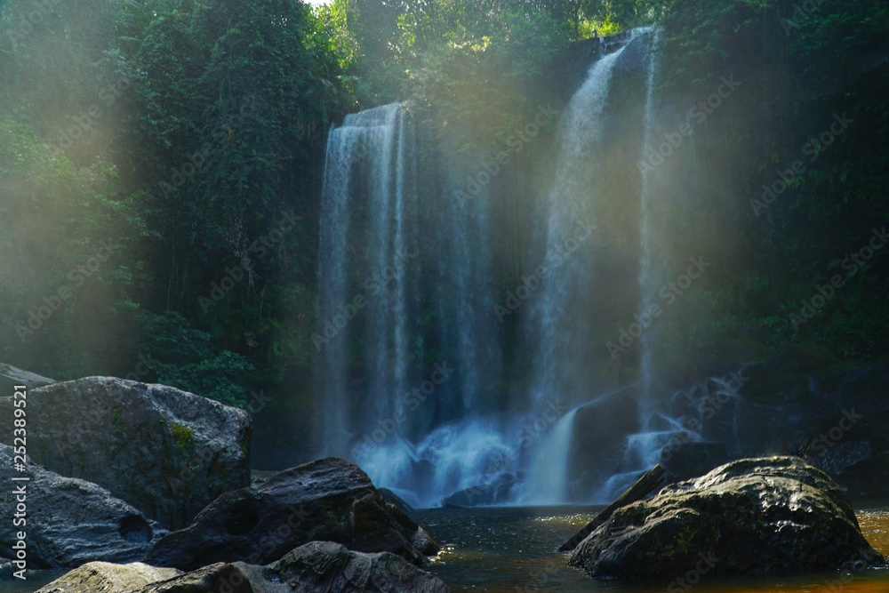 Beautiful waterfalls in the forest, Phnom Kulen Waterfall at Phnom Kulen National Park, Siem Reap, Cambodia.