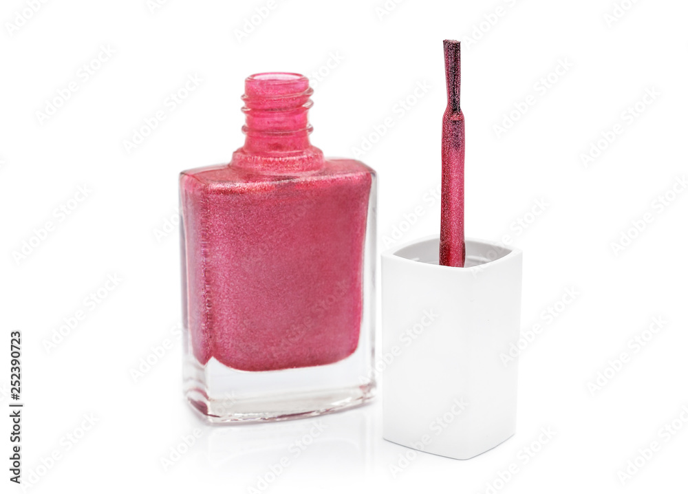 Glass bottle of nail polish with brush on white. Glass bottle of nail polish with brush on white.