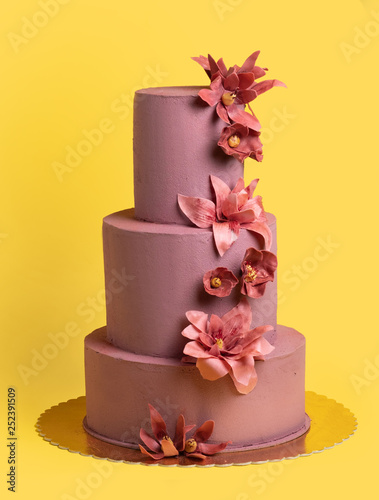 conceptual photo of cherry cake with flowers, biscuit cake with mascarpone, mastic, wedding cake on a yellow background