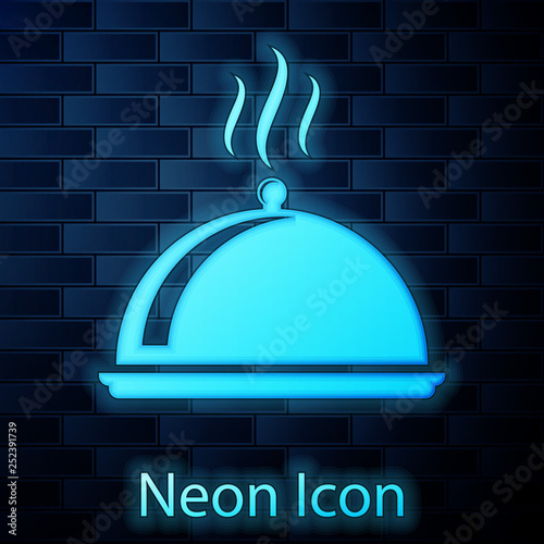 Glowing neon Covered with a tray of food icon isolated on brick wall background. Tray and lid sign. Restaurant cloche with lid. kitchenware symbol. Vector Illustration