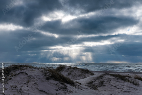 Strong wind on Baltic sea beach, Liepaja, Latvia.