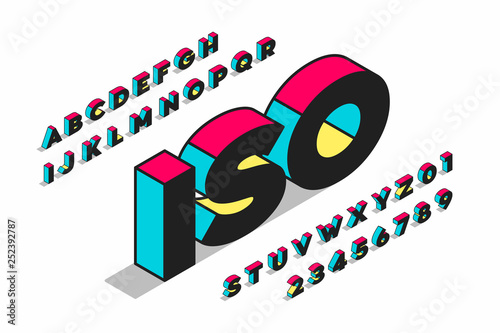 Isometric projection 3d font design, alphabet letters and numbers