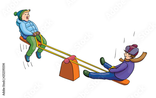 Cartoon Boys Riding Seesaw in the Park on White Background. Cool Kids Playing at Playground. Vector Graphics Illustration