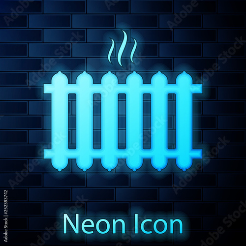 Glowing neon Heating radiator icon isolated on brick wall background. Vector Illustration
