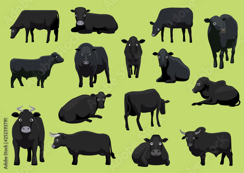 Various Black Cow Bull Cartoon Vector Illustration