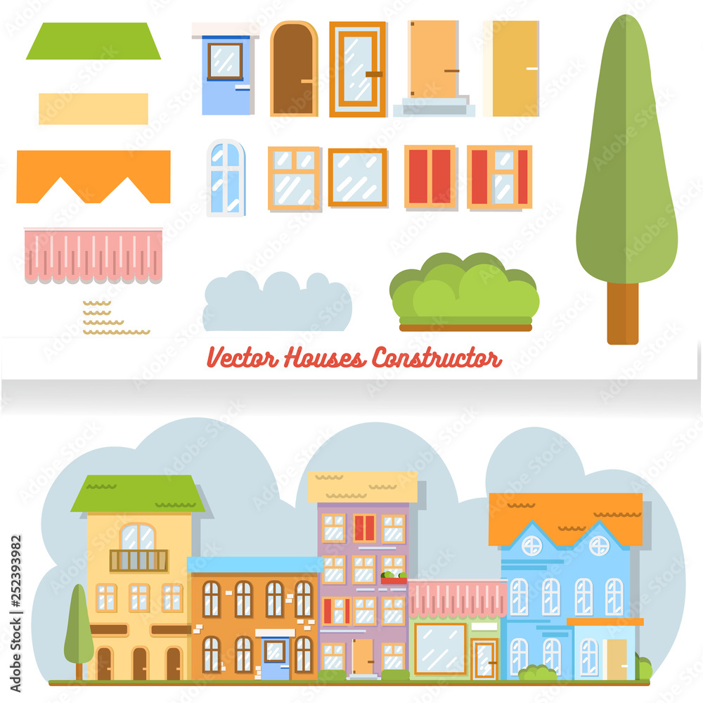 Vector Houses Constructor City street with Houses on  road in town. Flat cartoon style vector illustration.