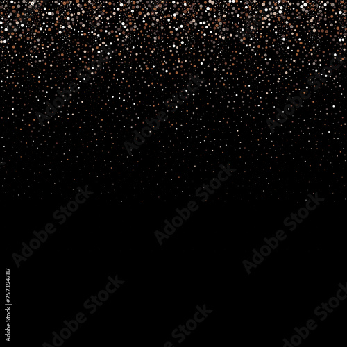 Falling glitter confetti. Vector silver dust, explosion on black background. Sparkling glitter border, festive frame. Great for wedding invitations, party posters, Christmas and birthday cards.
