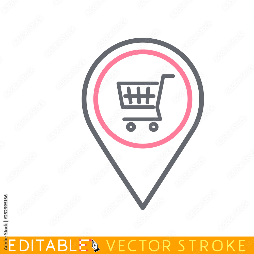 Map marker with shop cart icon. White background. Easy changing vector with editable strokes. Map marker with shop cart icon. White background. Easy changing vector with editable strokes.