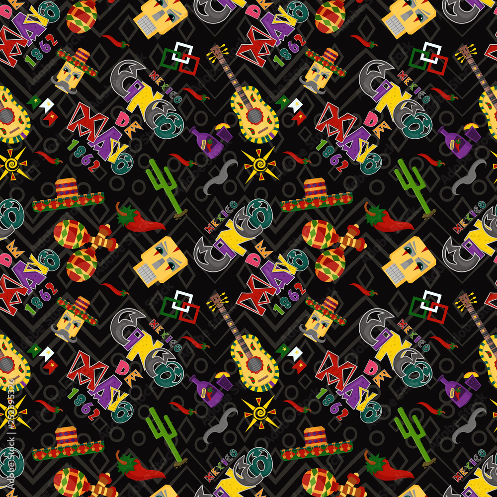 Fototapeta premium seamless pattern illustration in flat theme style celebrating Cinco de mayo, elements of Mexican culture