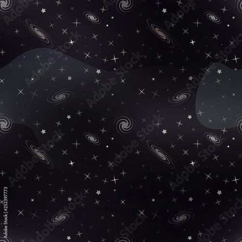 Cartoon deep space background with lots of white stars and galacticas on black, cosmos seamless pattern