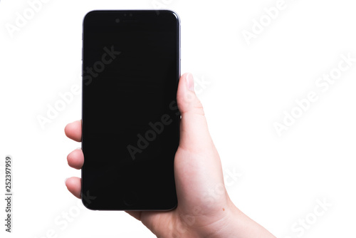 Female hand holding smartphone plus blank black screen
