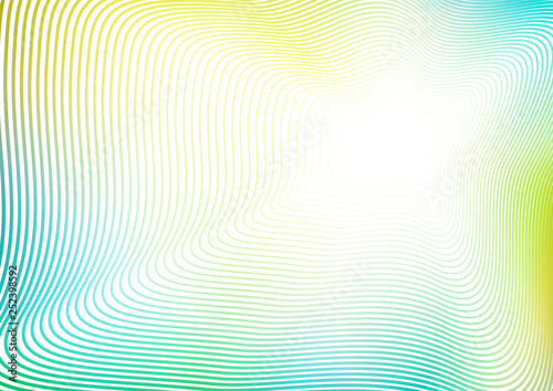 Blue, yellow, green line art pattern. Abstract striped background with flash effect. Vector vibrant colorful waving frame design. White copy space. Waving subtle curves, perspective illusion. EPS10