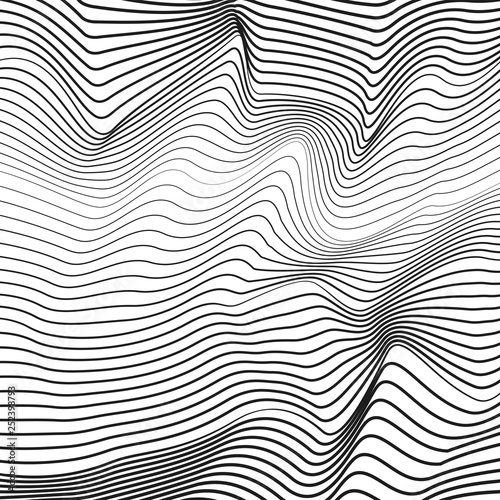 Abstract black and white background. Vector squiggle, broken subtle lines. Optical illusion, deformed surface. Chaotic striped, waving pattern, simple waveforms. Technology line art design. EPS10 © Margarita Lyr