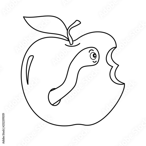 worm in apple cute funny black and white cartoon vector illustration for coloring art