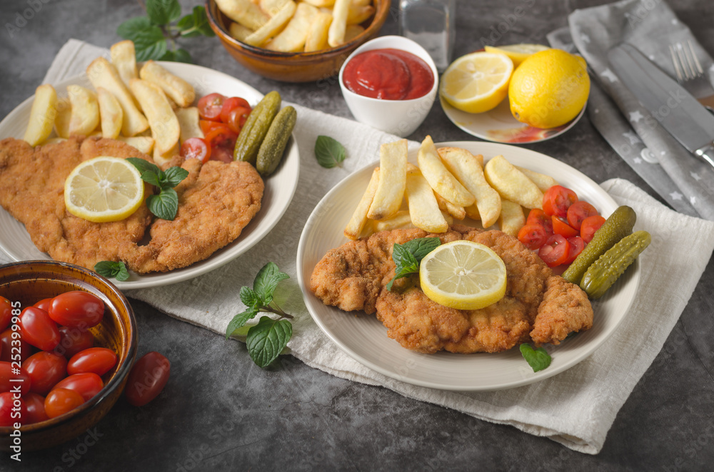 Homemade german schnitzel with pickles Homemade german schnitzel with pickles