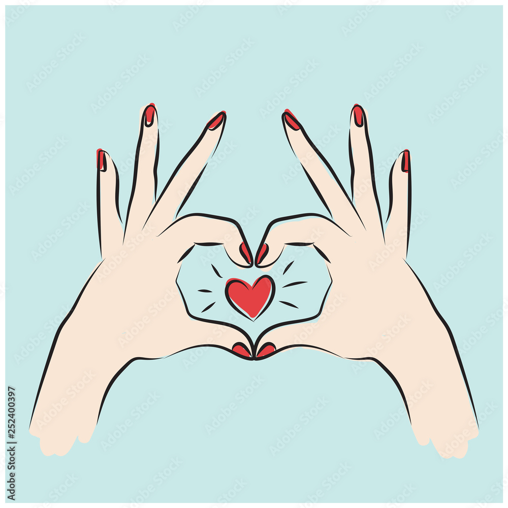 Obraz premium Heart from the woman's hand, red nail polish on a green background, Hands making heart sign