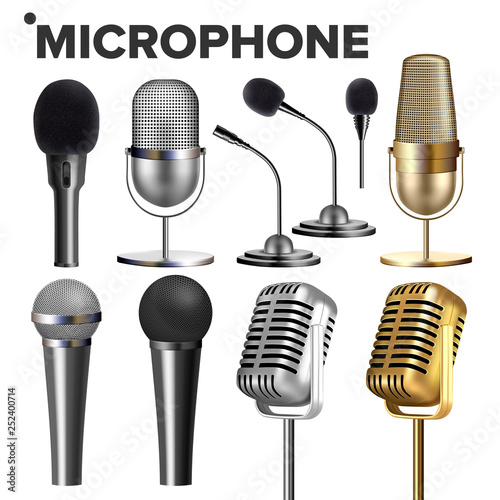 Microphone Set Vector. Audio Equipment. Music Icon. Vintage Concert. Modern And Retro. Communication Musical Symbol. Performance Karaoke Object. 3D Realistic Isolated Illustration