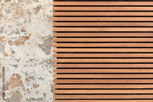 Wooden slats with concrete texture. Horizontal plank line arrange pattern texture background. Space for text. Natural wood lath line
