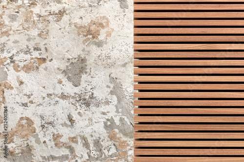 Wooden slats with concrete texture. Horizontal plank line arrange pattern texture background. Space for text. Natural wood lath line