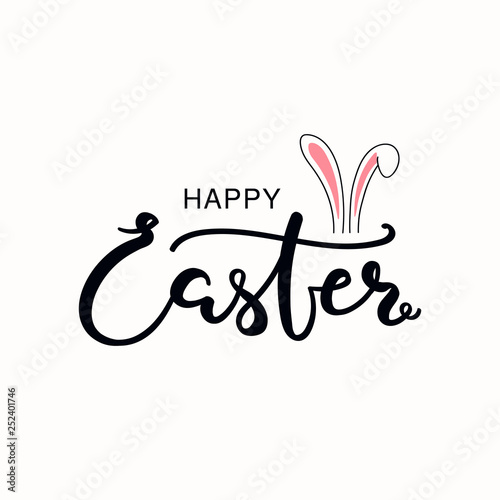 Hand written calligraphic lettering quote Happy Easter, with bunny ears. Isolated objects on white background. Hand drawn vector illustration. Design concept, element for card, banner, invitation.