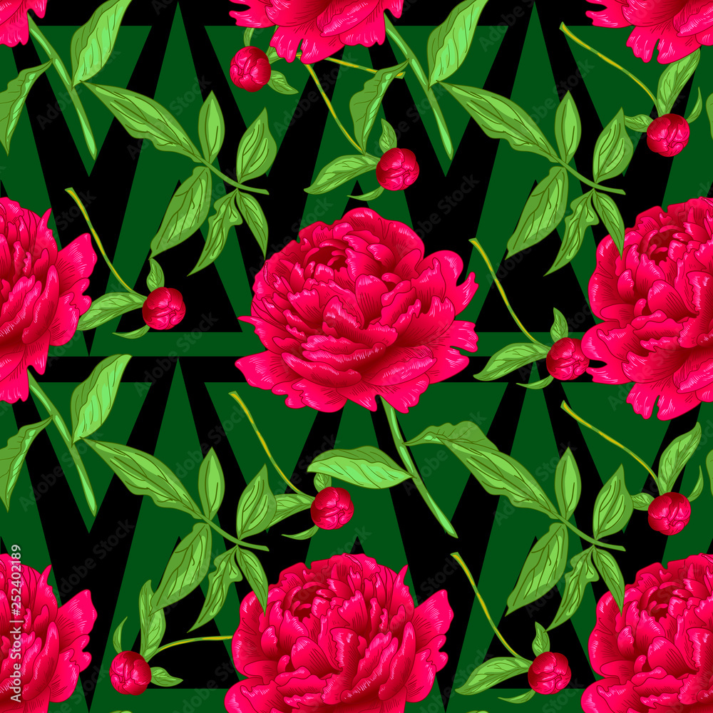 Vector red peony botanical flowers. Engraved ink art. Seamless background pattern. Fabric wallpaper print texture. Vector red peony botanical flowers. Engraved ink art. Seamless background pattern. Fabric wallpaper print texture.