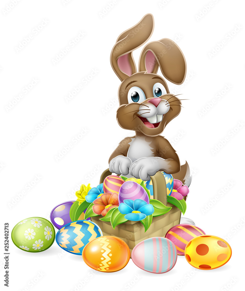 Fototapeta premium An Easter bunny rabbit cartoon character with a basket on an Easter egg hunt