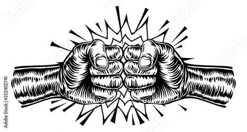 An illustration of two hands in fists punching each other or fist bumping in a vintage intaglio woodcut engraved or retro propaganda style