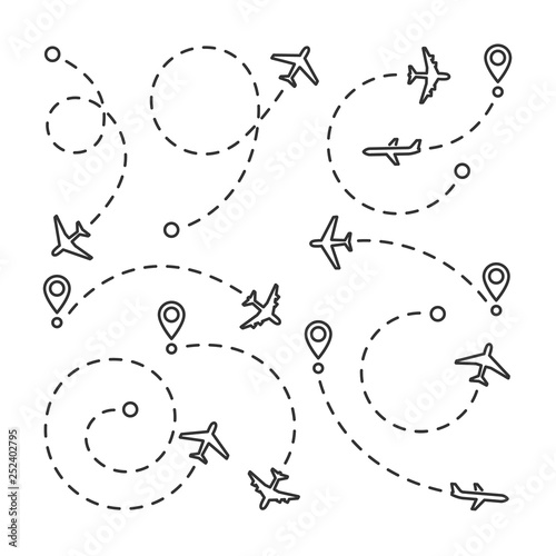 Vector set of plane dotted route line icons.