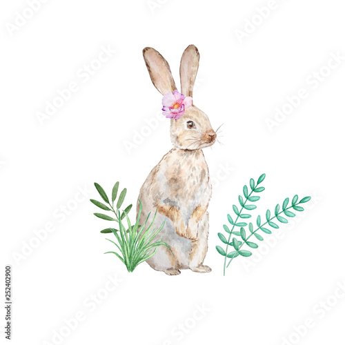 watercolor brown bunny with a flower