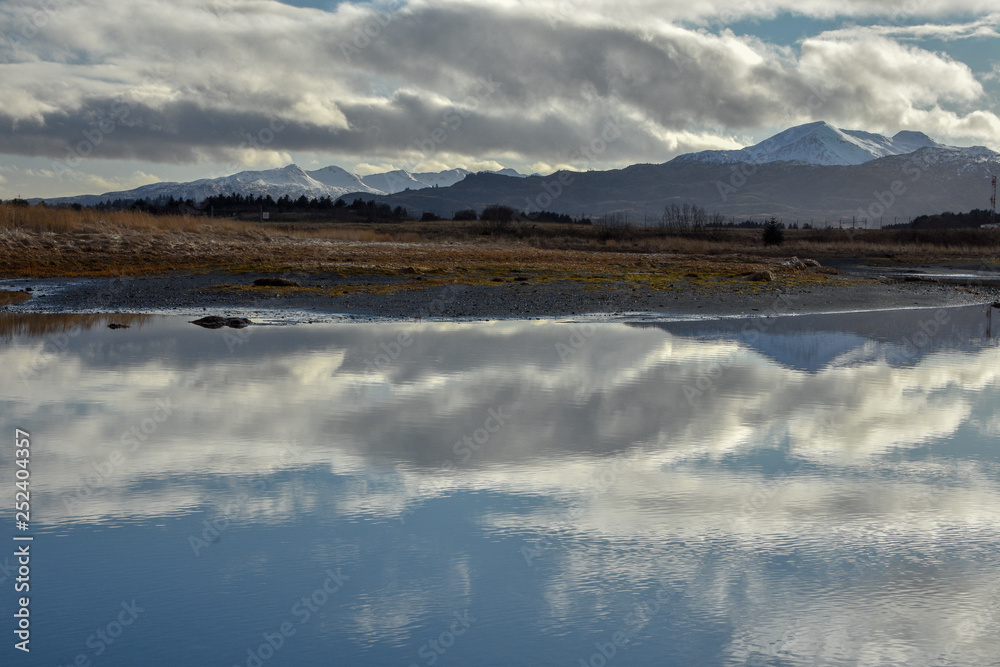 Reflection in the water clouds and mountains