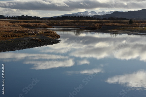 Reflection in the water clouds and mountains
